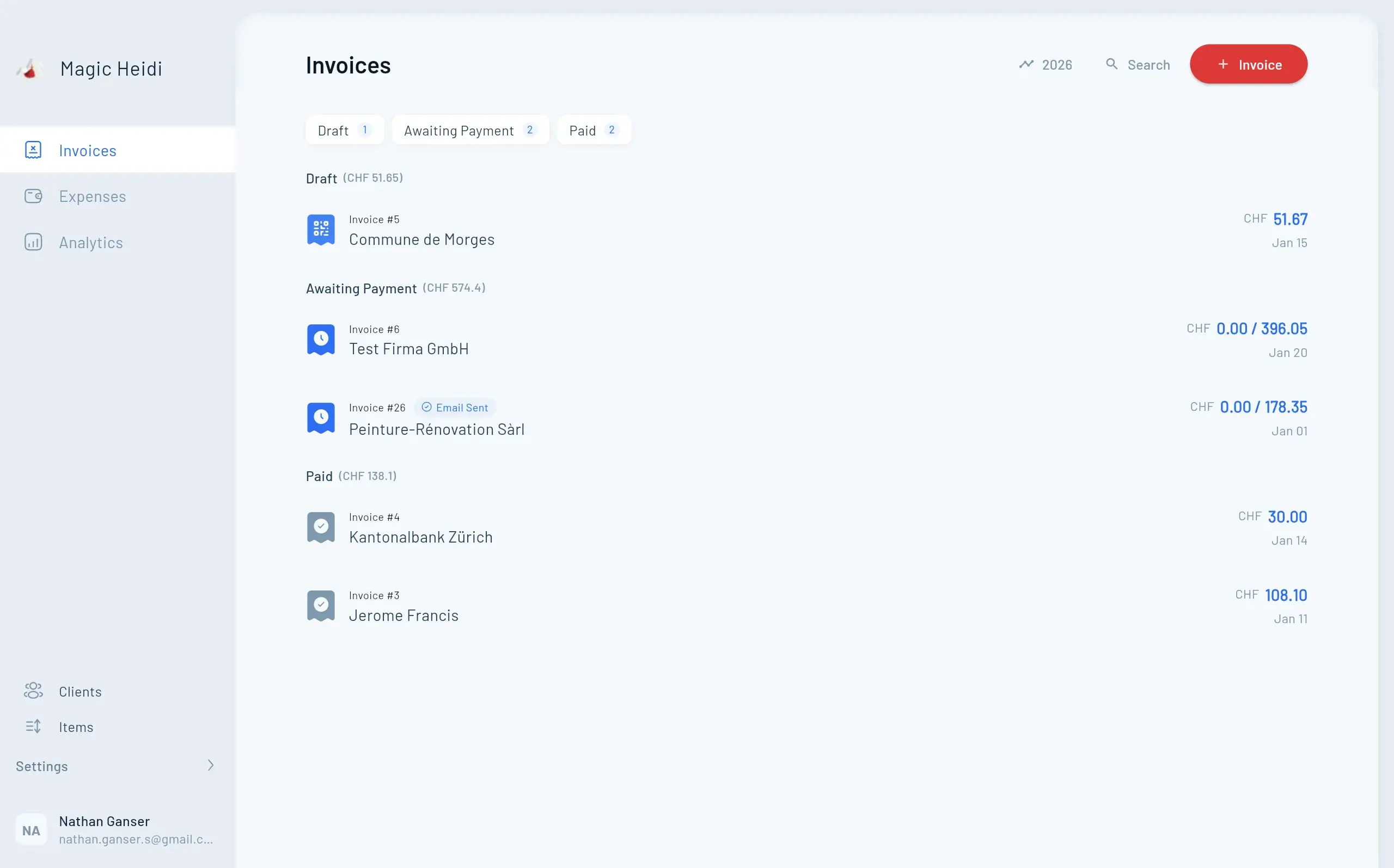 Magic Heidi Invoice List with Payment Status